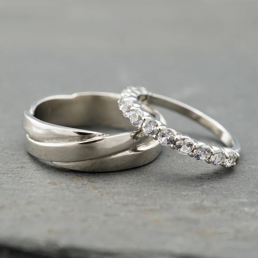 Woven wedding band and white Sapphire wedding band, 10k White Gold Ring SET
